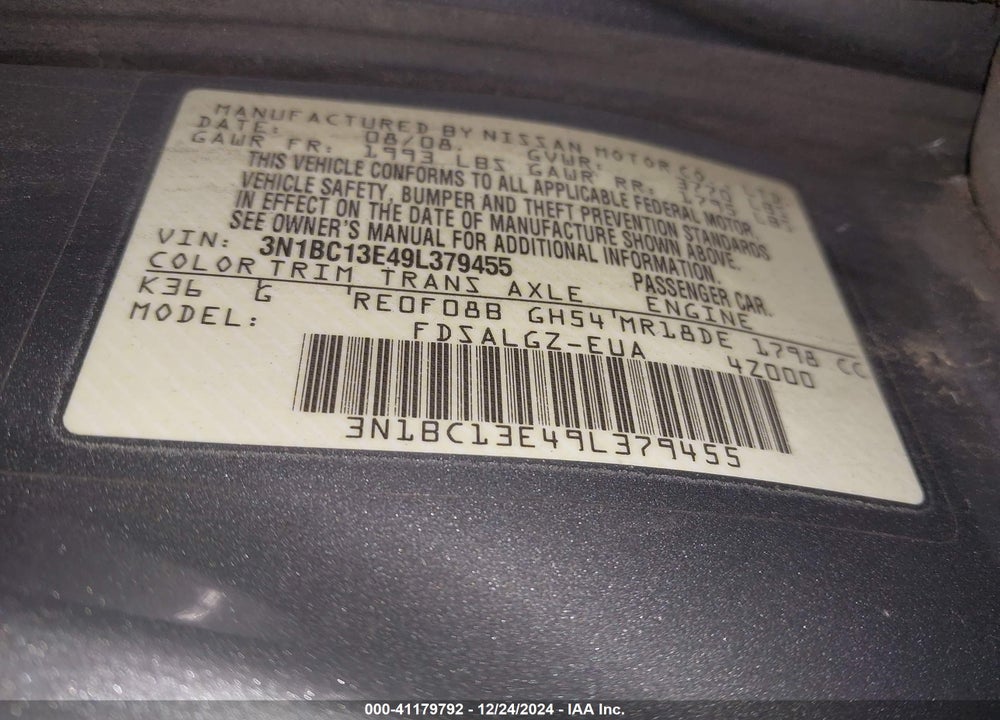 2009 NISSAN VERSA VIN: 3N1BC13E49L379455