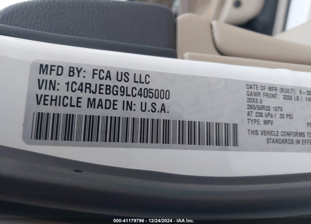 2020 JEEP GRAND CHEROKEE VIN: 1C4RJEBG9LC405000