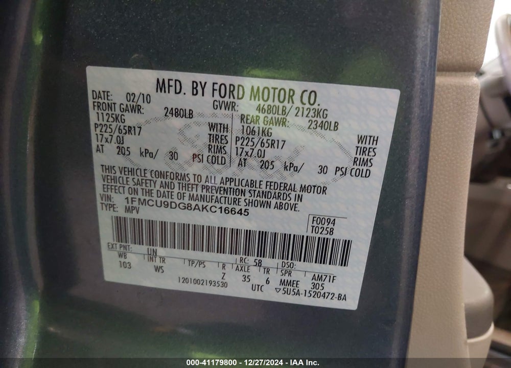 2010 FORD ESCAPE XLT VIN: 1FMCU9DG8AKC16645