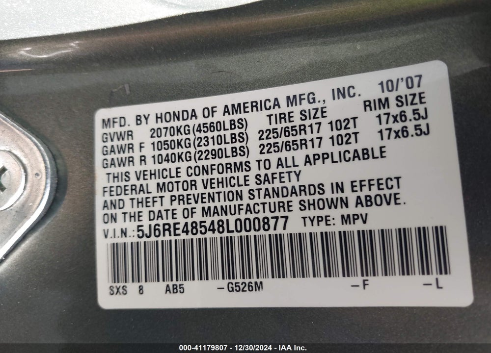 2008 HONDA CR-V EX VIN: 5J6RE48548L000877