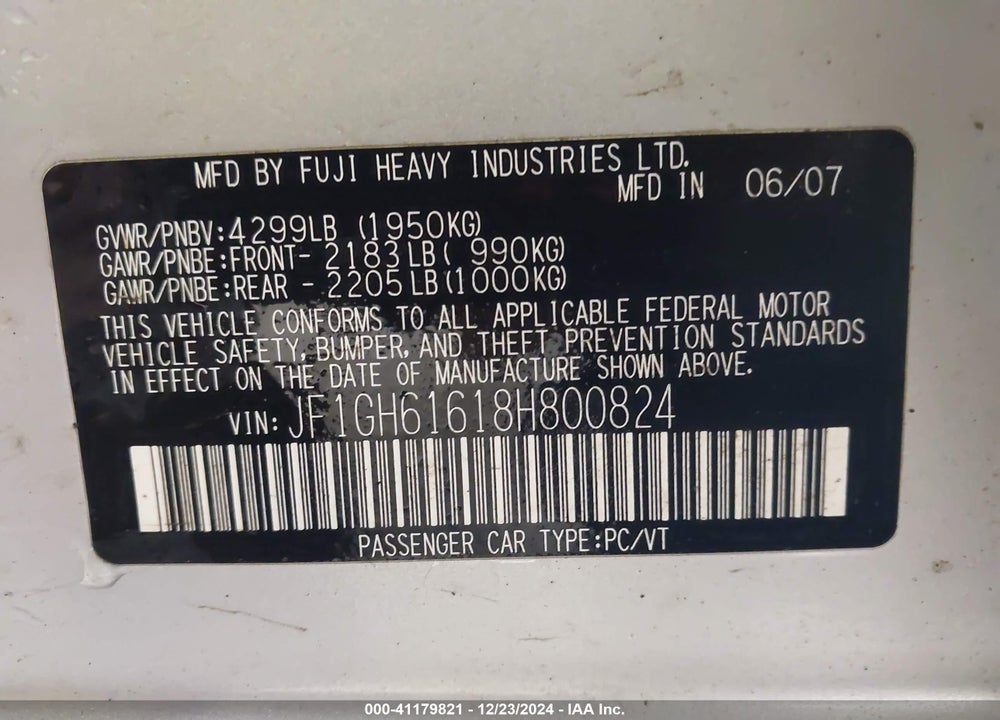 2008 SUBARU IMPREZA 2.5I VIN: JF1GH61618H800824