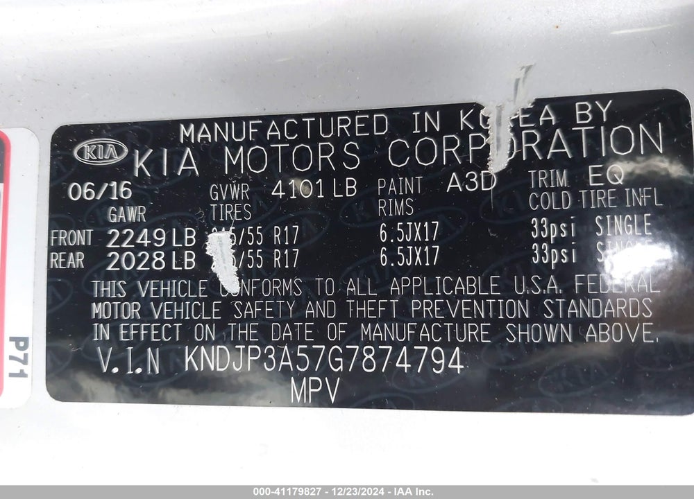 2016 KIA SOUL VIN: KNDJP3A57G7874794