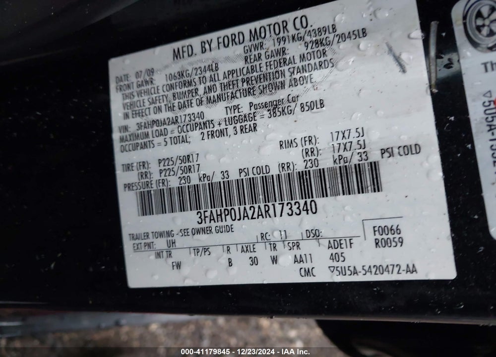 2010 FORD FUSION VIN: 3FAHP0JA2AR173340