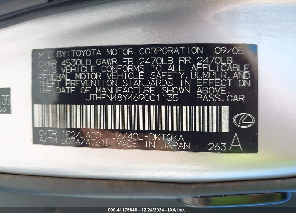 2006 LEXUS SC 430 VIN: JTHFN48Y469001135