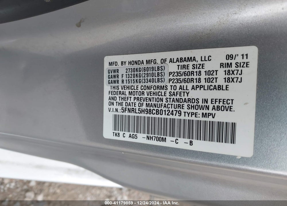 2012 HONDA ODYSSEY TOURING/TOURING ELITE VIN: 5FNRL5H98CB012479