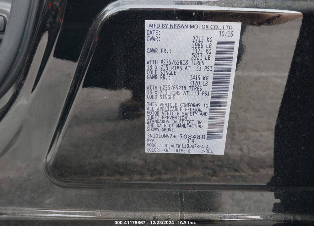 2017 INFINITI QX60 VIN: 5N1DL0MN2HC508488