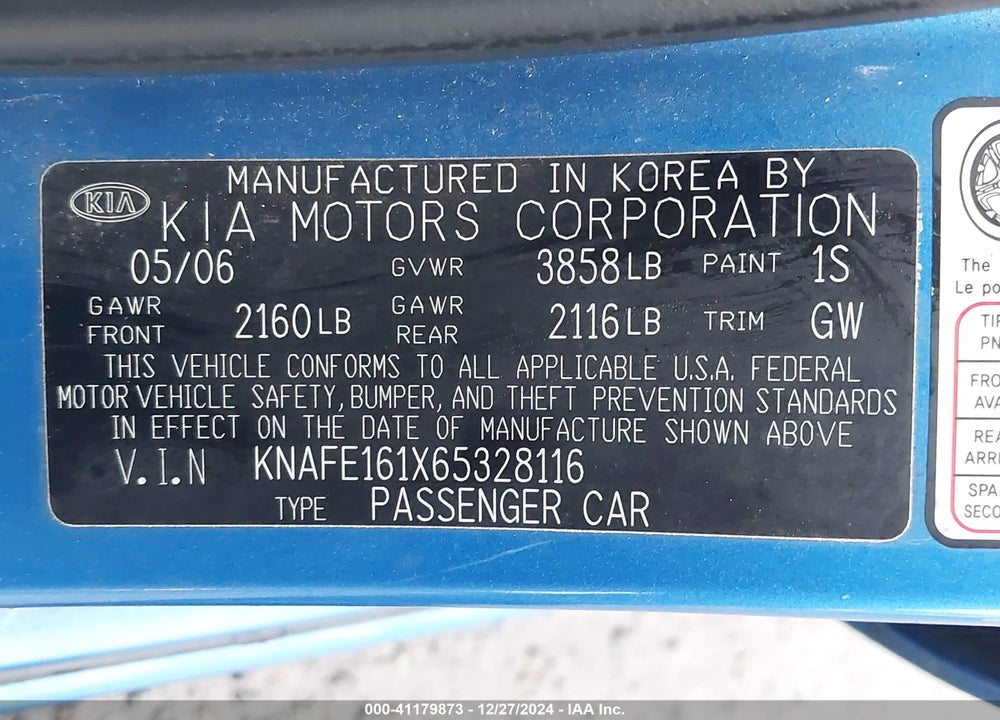 2006 KIA SPECTRA5 VIN: KNAFE161X65328116