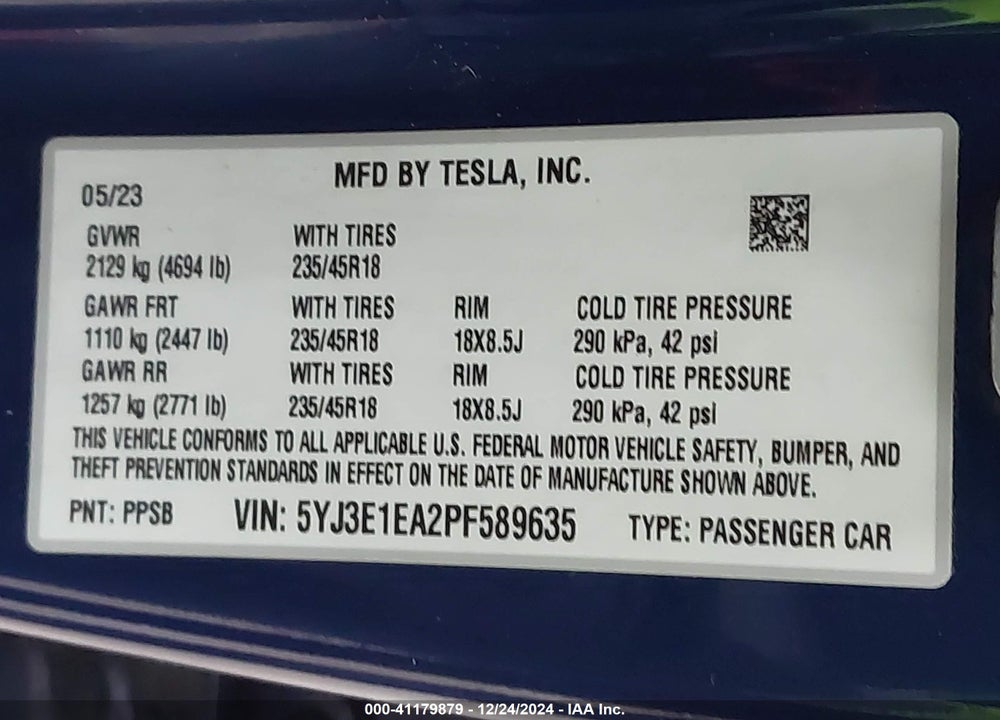 2023 TESLA MODEL 3 REAR-WHEEL DRIVE VIN: 5YJ3E1EA2PF589635
