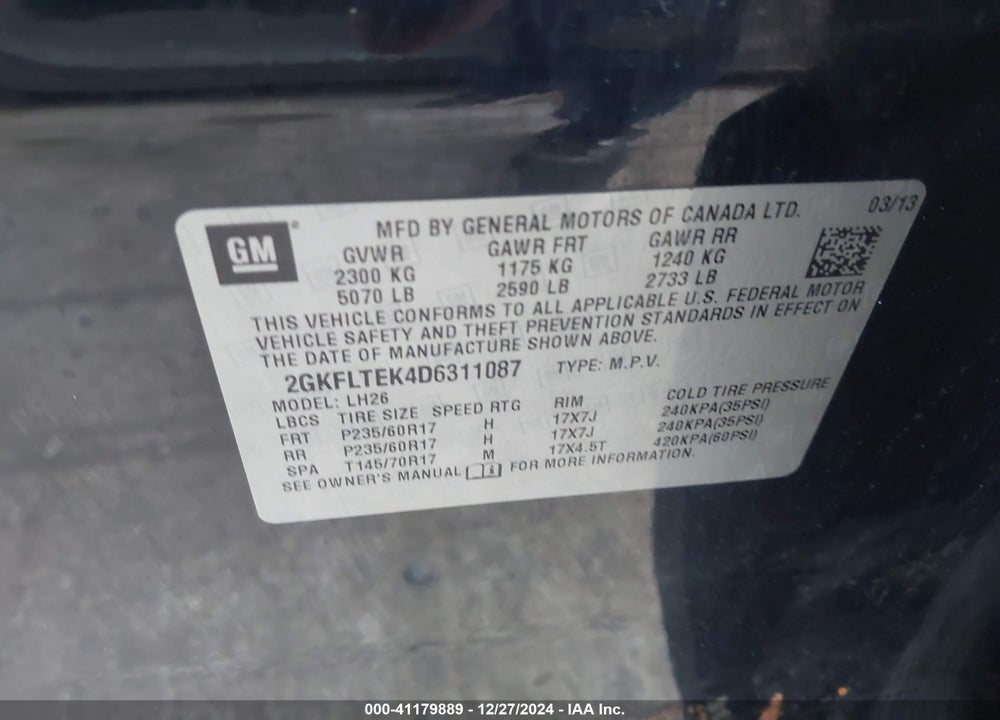 2013 GMC TERRAIN SLE-2 VIN: 2GKFLTEK4D6311087