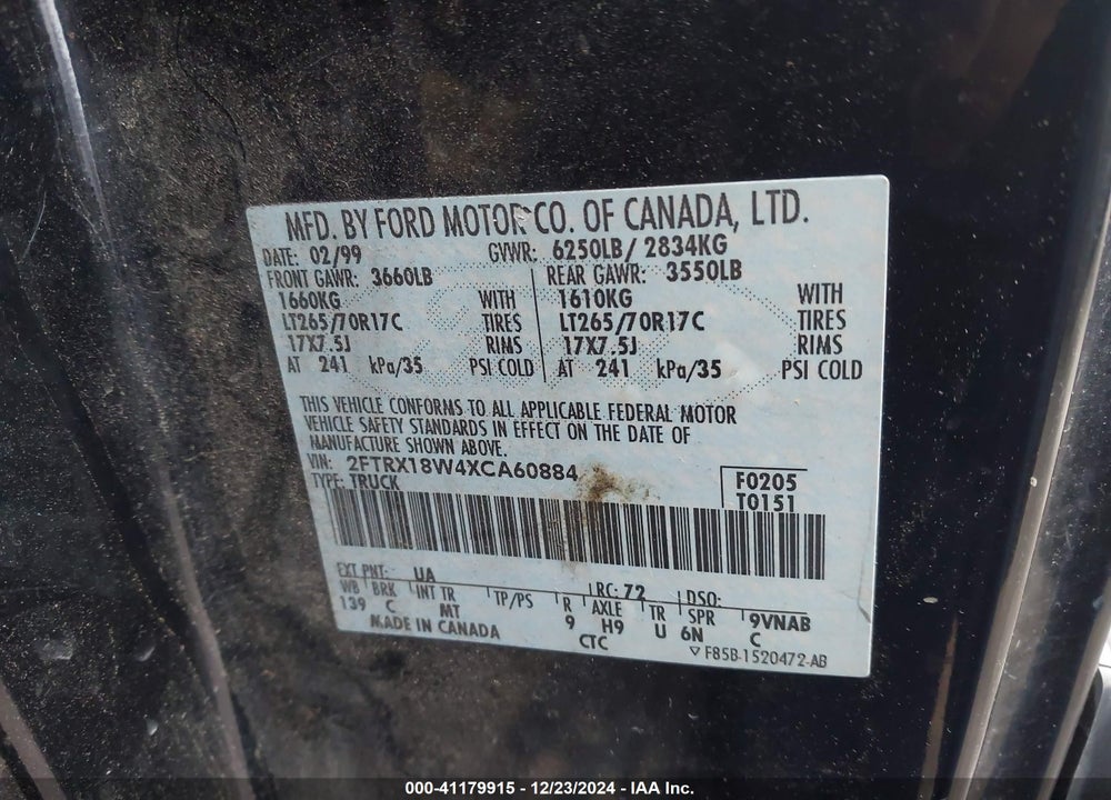 1999 FORD F-150 LARIAT/WORK SERIES/XL/XLT VIN: 2FTRX18W4XCA60884