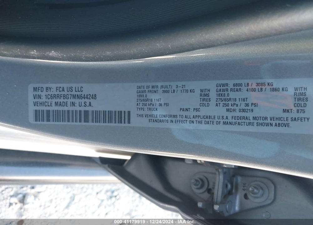 2021 RAM 1500 VIN: 1C6RRFBG7MN644248
