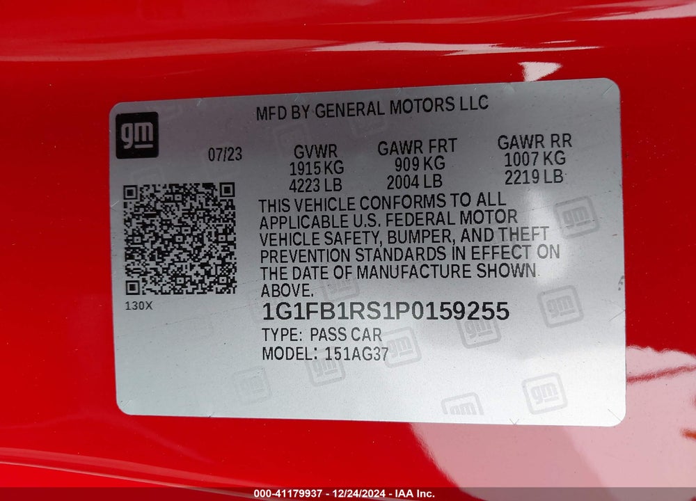 2023 CHEVROLET CAMARO VIN: 1G1FB1RS1P0159255