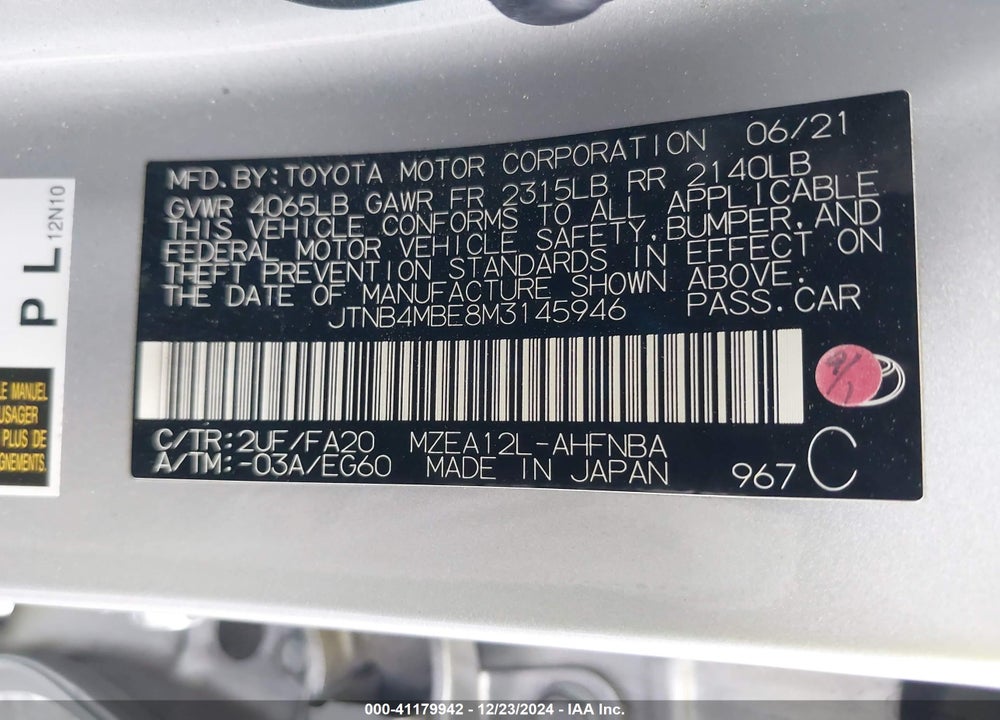 2021 TOYOTA COROLLA VIN: JTNB4MBE8M3145946