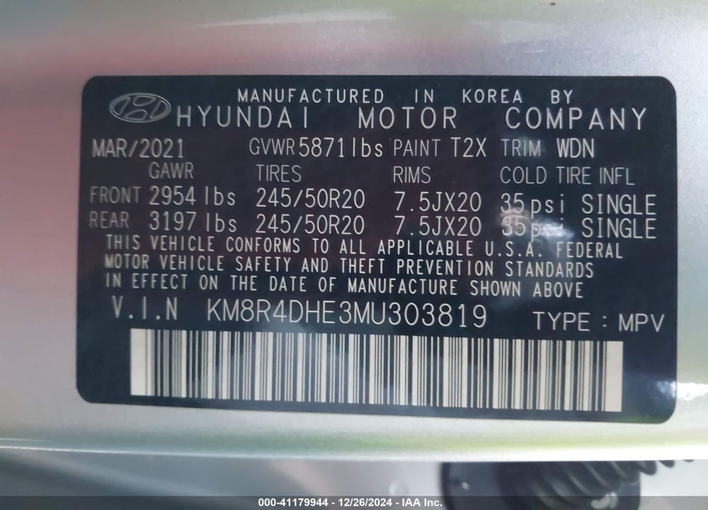 2021 HYUNDAI PALISADE SEL VIN: KM8R4DHE3MU303819