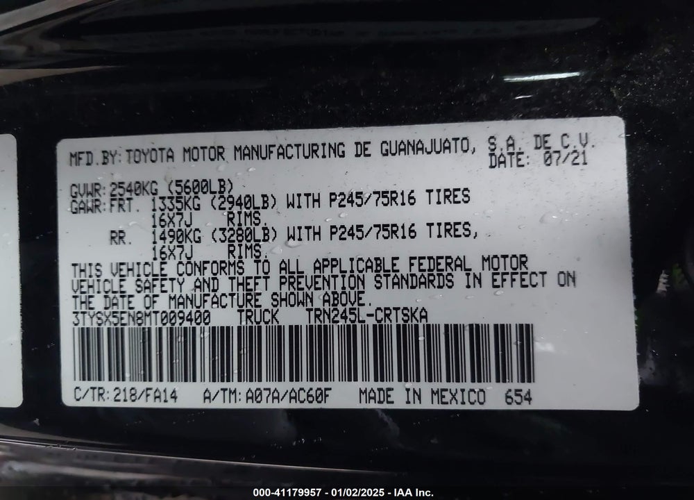 2021 TOYOTA TACOMA SR VIN: 3TYSX5EN8MT009400