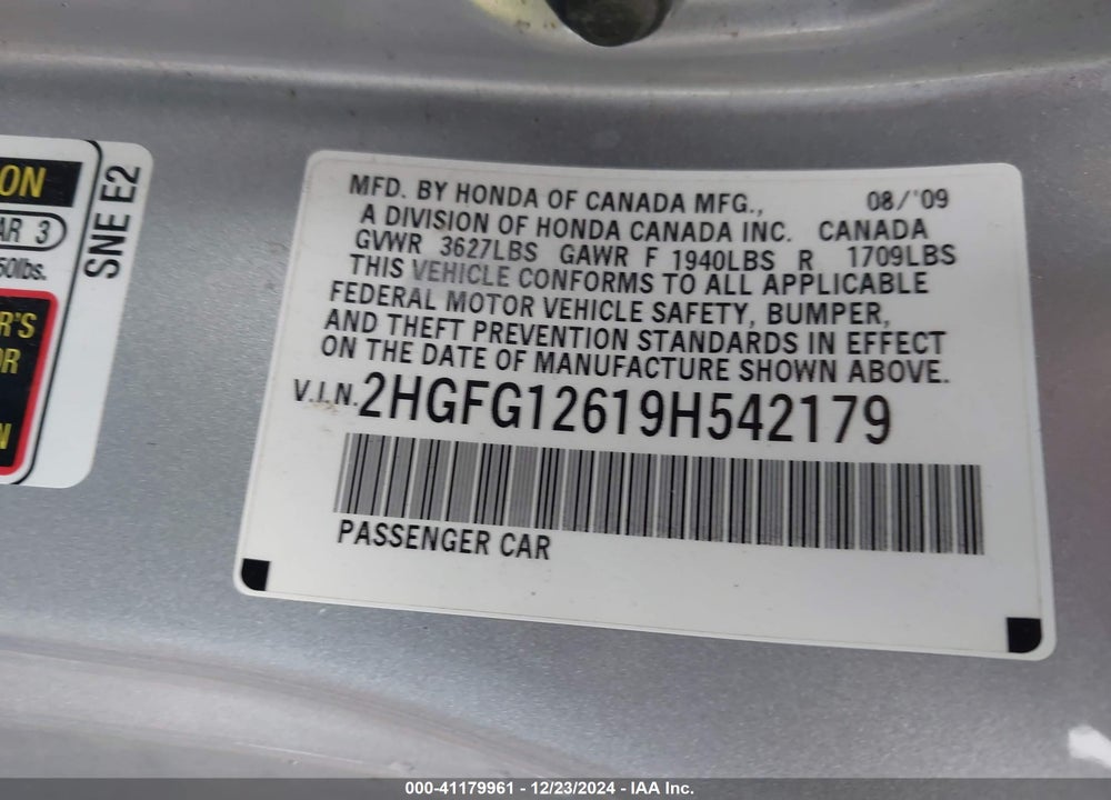 2009 HONDA CIVIC LX VIN: 2HGFG12619H542179