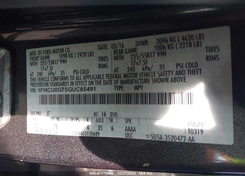 2016 FORD ESCAPE SE VIN: 1FMCU0G75GUC85491