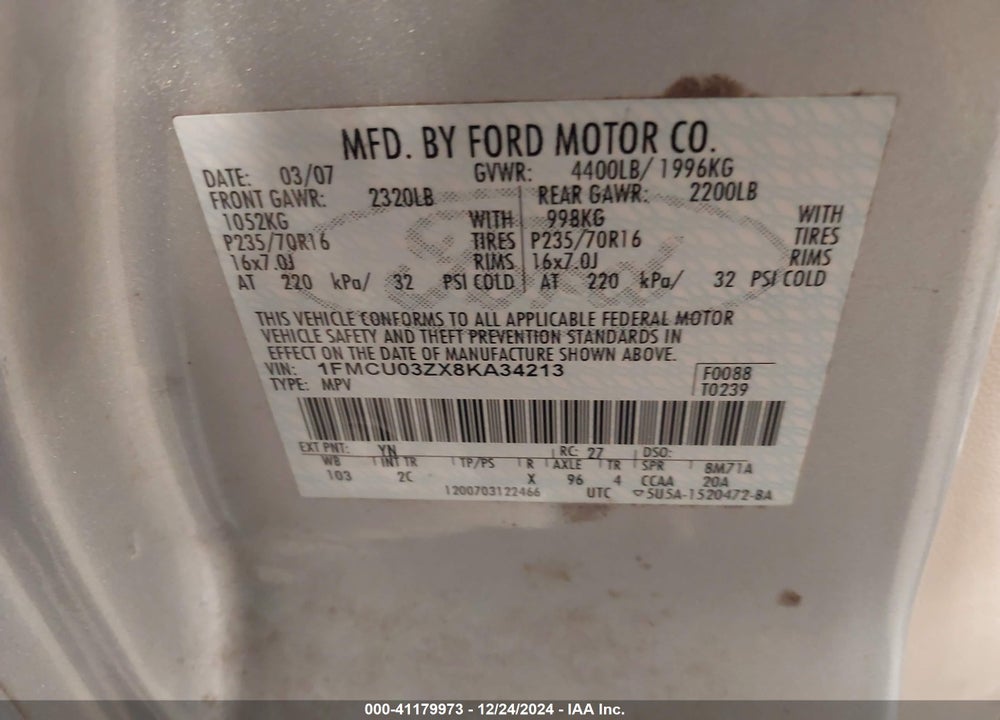 2008 FORD ESCAPE XLT VIN: 1FMCU03ZX8KA34213