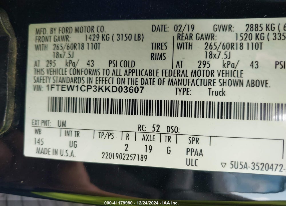 2019 FORD F-150 VIN: 1FTEW1CP3KKD03607
