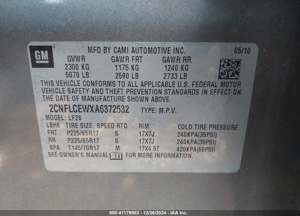 2010 CHEVROLET EQUINOX LS VIN: 2CNFLCEWXA6372532