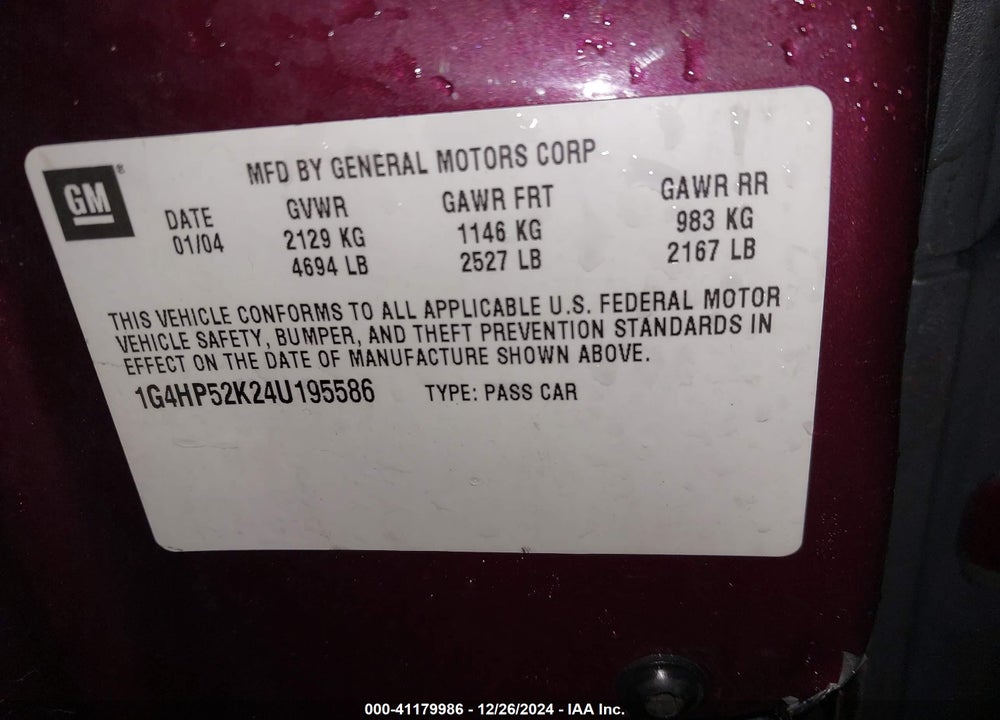 2004 BUICK LESABRE CUSTOM VIN: 1G4HP52K24U195586