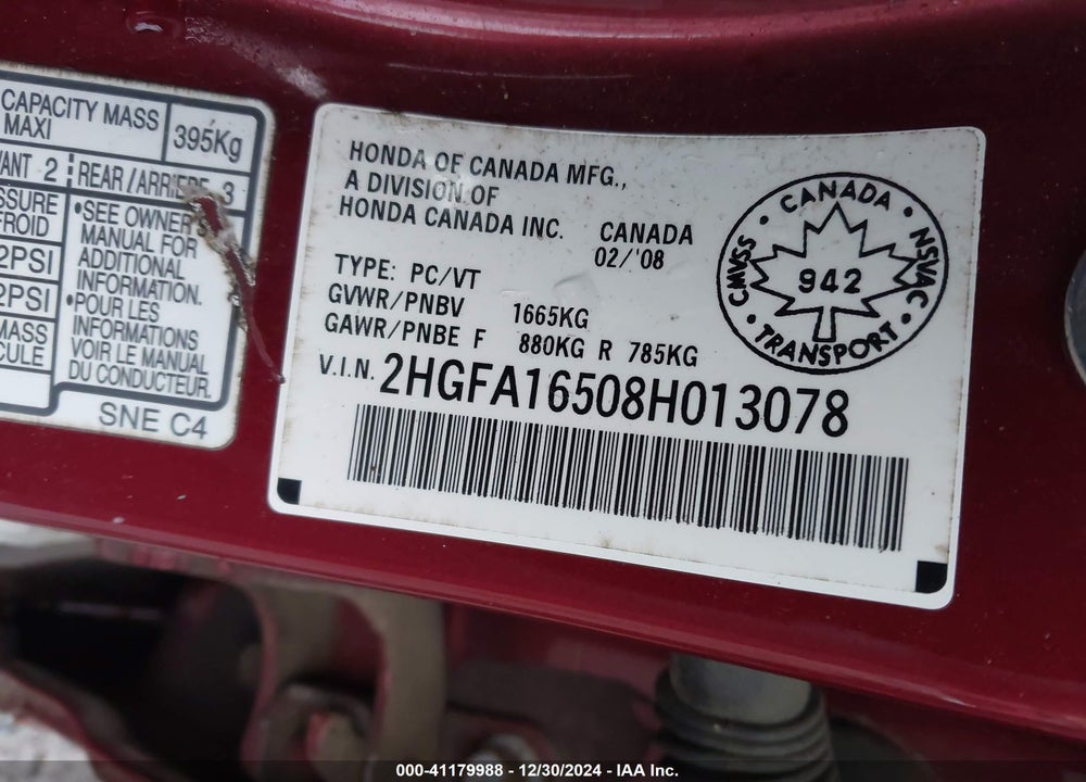 2008 HONDA CIVIC LX VIN: 2HGFA16508H013078