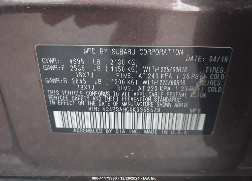 2019 SUBARU OUTBACK 2.5I LIMITED VIN: 4S4BSANC0K3355579