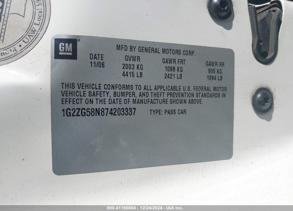 2007 PONTIAC G6 VIN: 1G2ZG58N874203337