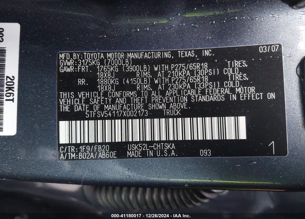 2007 TOYOTA TUNDRA VIN: 5TFSV54117X002173
