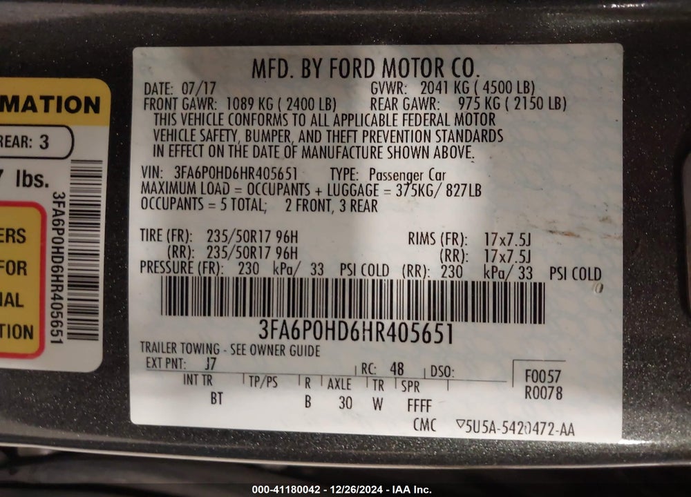 2017 FORD FUSION SE VIN: 3FA6P0HD6HR405651