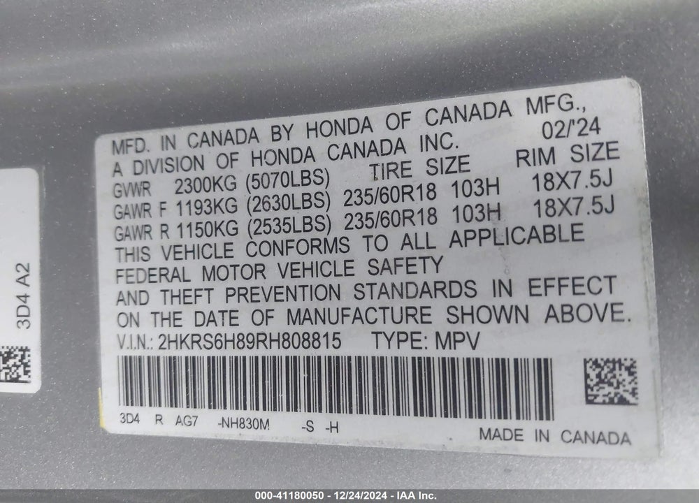 2024 HONDA CR-V HYBRID SPORT-L VIN: 2HKRS6H89RH808815