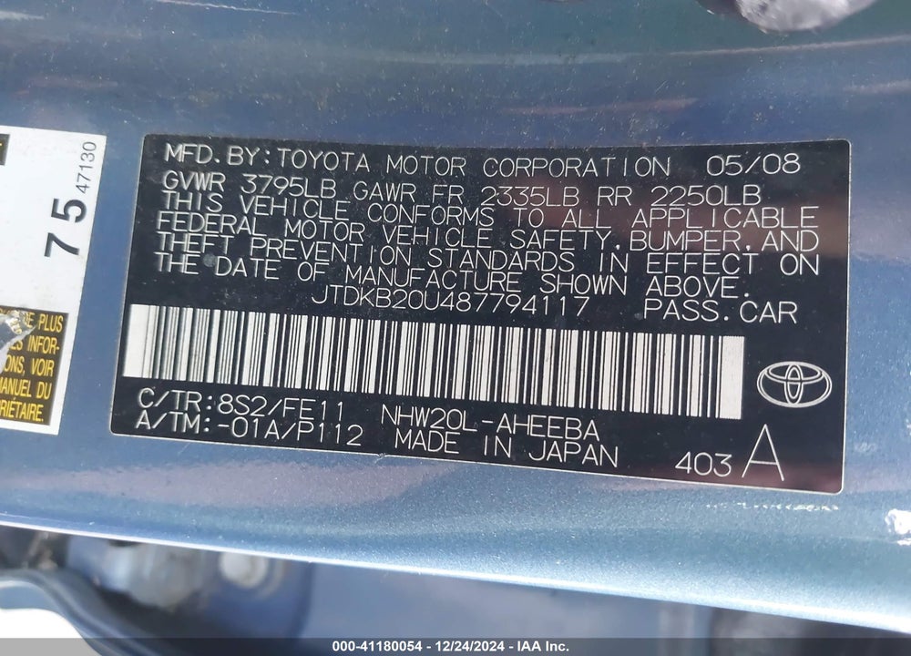 2008 TOYOTA PRIUS VIN: JTDKB20U487794117