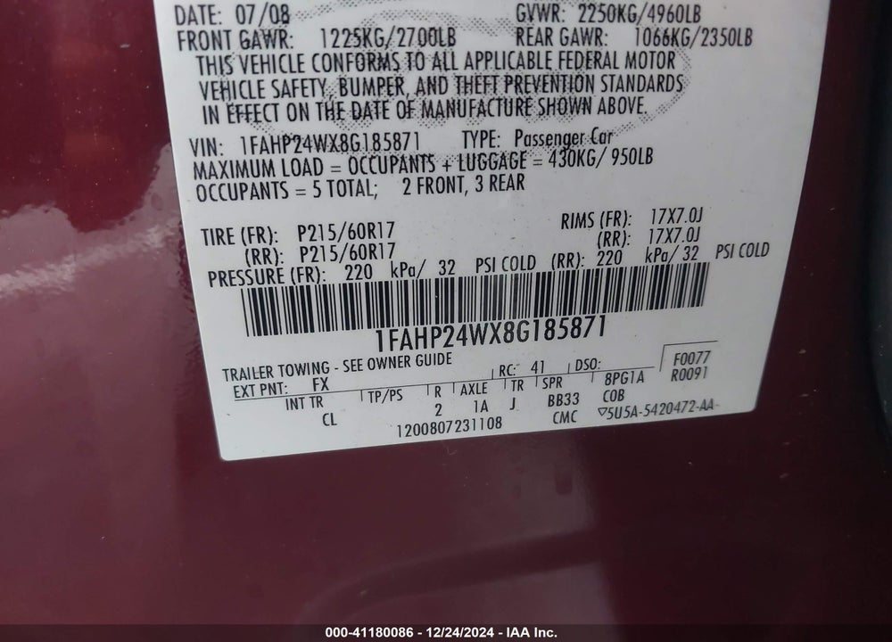2008 FORD TAURUS SEL VIN: 1FAHP24WX8G185871