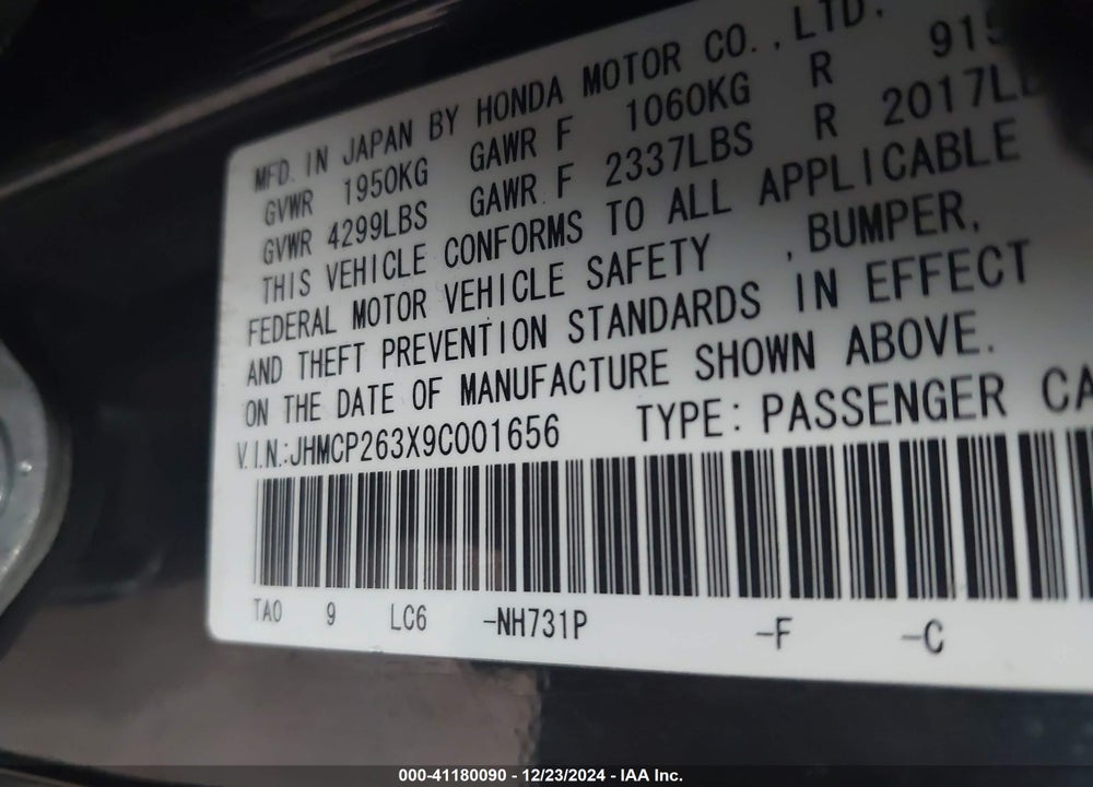 2009 HONDA ACCORD VIN: JHMCP263X9C001656