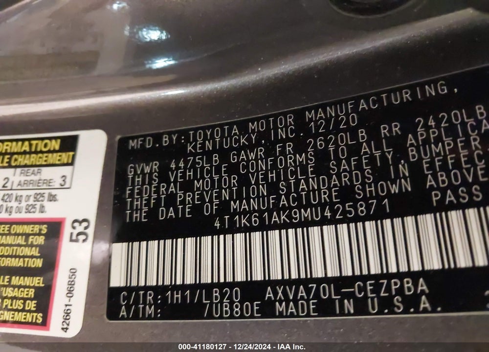 2021 TOYOTA CAMRY VIN: 4T1K61AK9MU425871