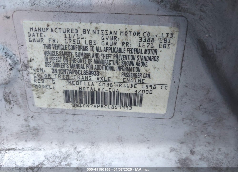 2012 NISSAN VERSA VIN: 3N1CN7AP8CL859933