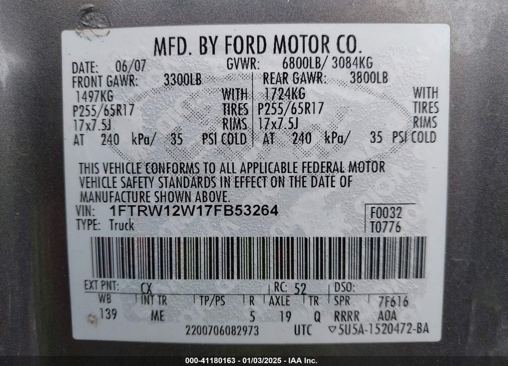 2007 FORD F-150 XLT VIN: 1FTRW12W17FB53264