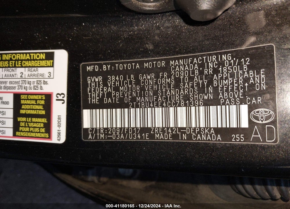 2012 TOYOTA COROLLA S VIN: 2T1BU4EE4CC781396