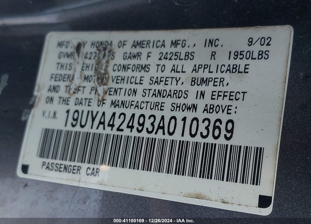 2003 ACURA CL 3.2 VIN: 19UYA42493A010369