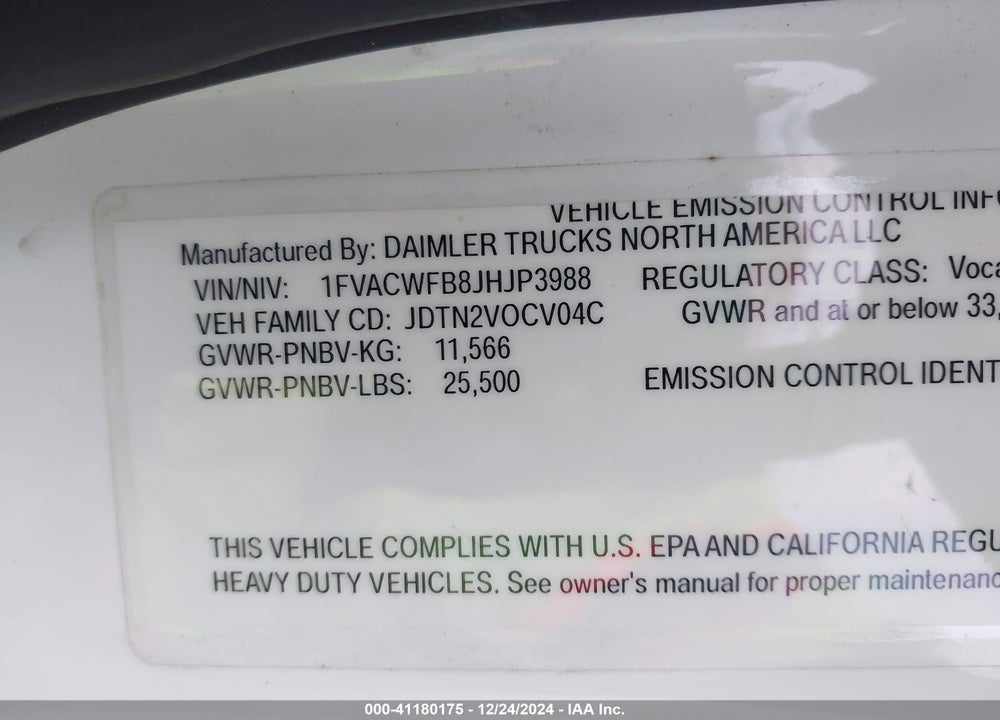 2018 FREIGHTLINER M2 106 VIN: 1FVACWFB8JHJP3988