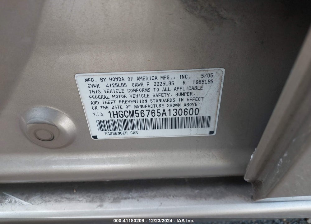 2005 HONDA ACCORD 2.4 EX VIN: 1HGCM56765A130600