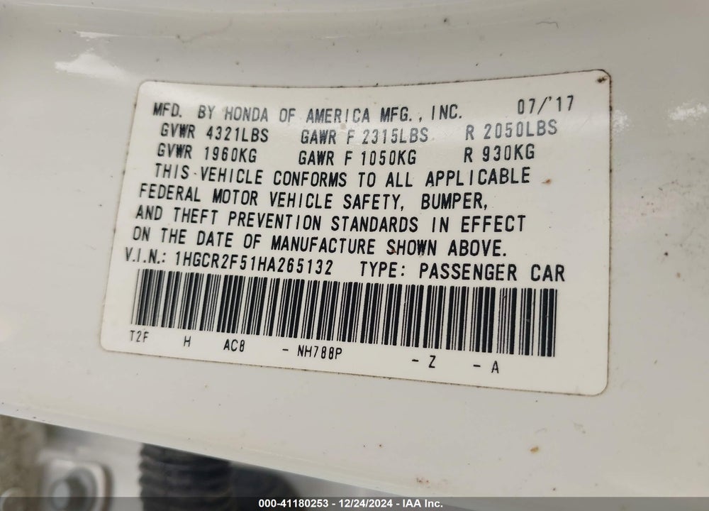 2017 HONDA ACCORD SPORT VIN: 1HGCR2F51HA265132
