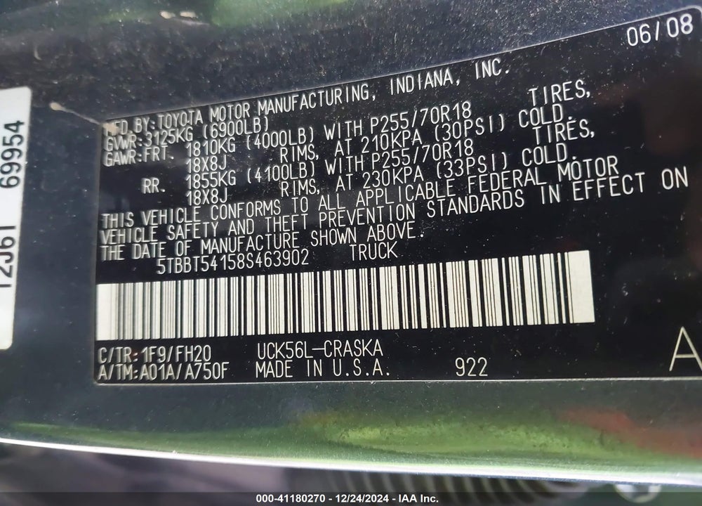 2008 TOYOTA TUNDRA BASE 4.7L V8 VIN: 5TBBT54158S463902