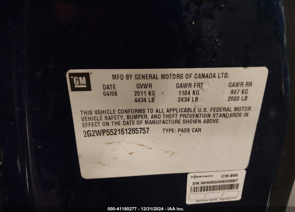 2006 PONTIAC GRAND PRIX VIN: 2G2WP552161285757