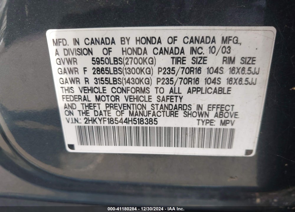 2004 HONDA PILOT EX-L VIN: 2HKYF18544H518385