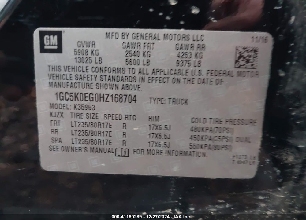 2017 CHEVROLET SILVERADO 3500HD LTZ VIN: 1GC5K0EG0HZ168704