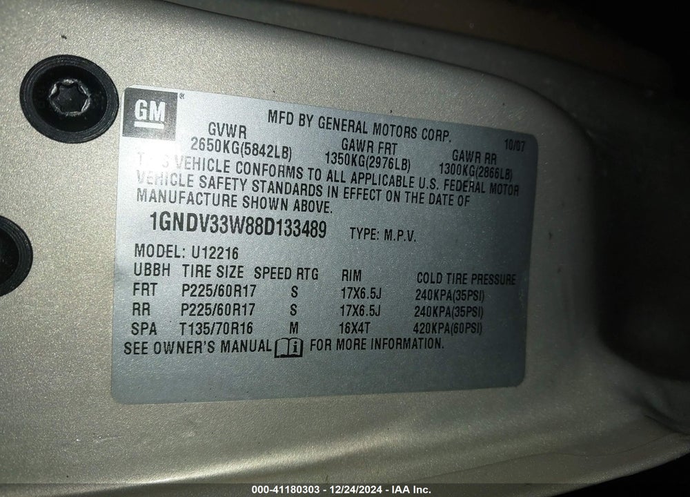 2008 CHEVROLET UPLANDER LT VIN: 1GNDV33W88D133489
