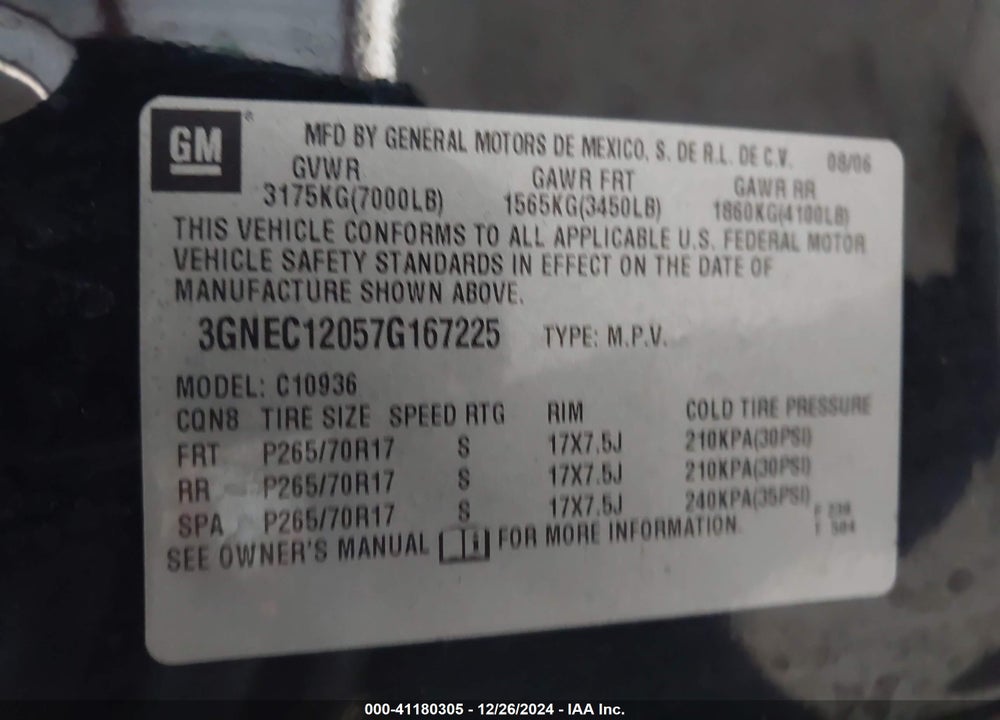 2007 CHEVROLET AVALANCHE 1500 LT VIN: 3GNEC12057G167225