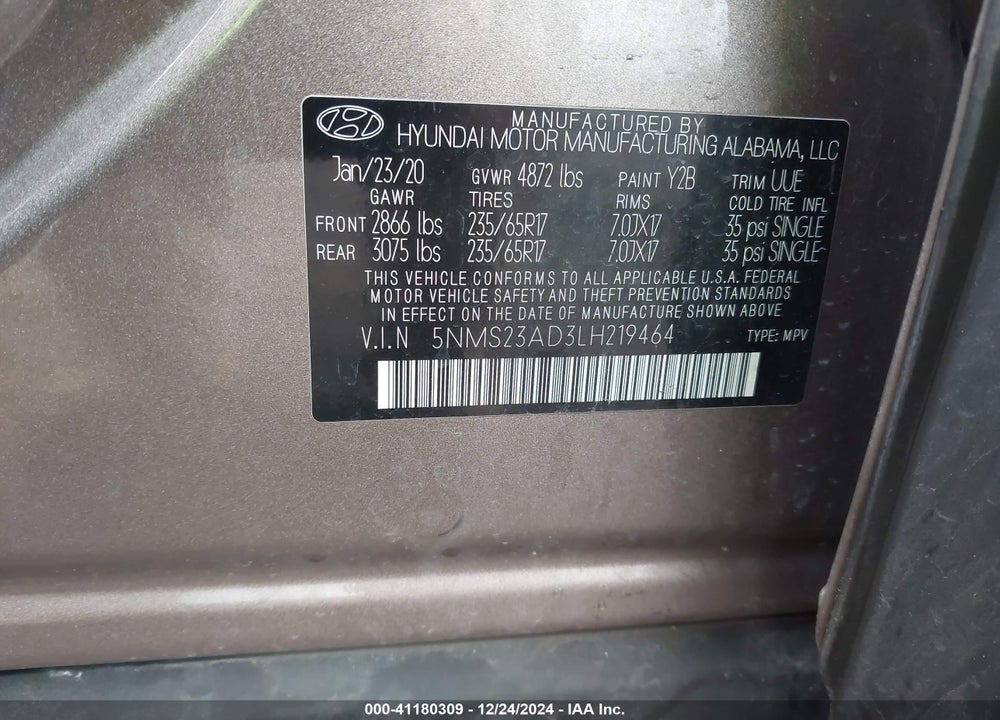 2020 HYUNDAI SANTA FE SE VIN: 5NMS23AD3LH219464
