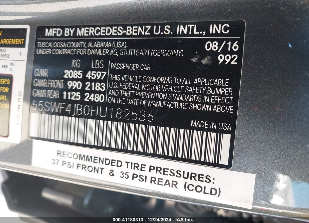 2017 MERCEDES-BENZ C 300 LUXURY/SPORT VIN: 55SWF4JB0HU182536